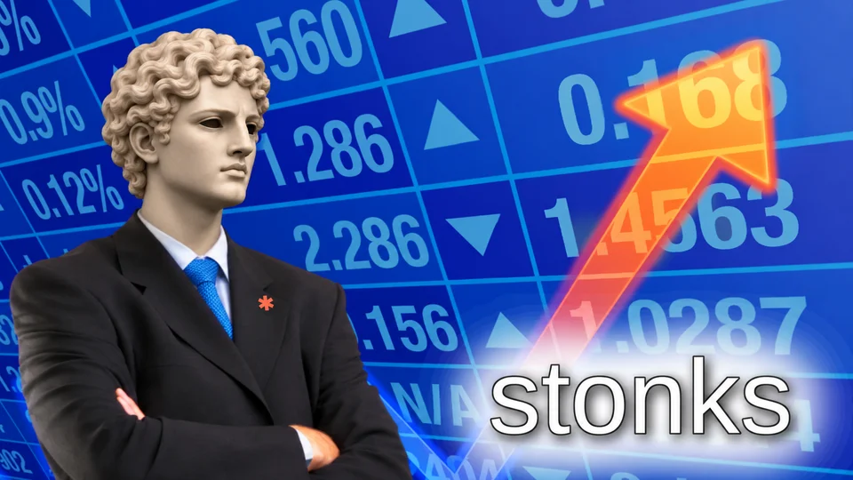 The masked Bitpunk persona in a suit, beside a rising orange arrow and the word stonks.